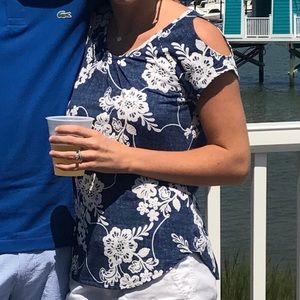 Navy Shirt with White Lace Design